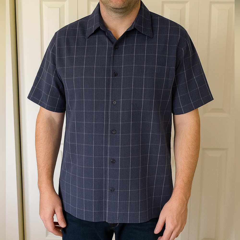 Short-Sleeve MEN'S BUTTON UP SHIRT Blue Windowpane XXL Arrow Casual Relaxed EUC